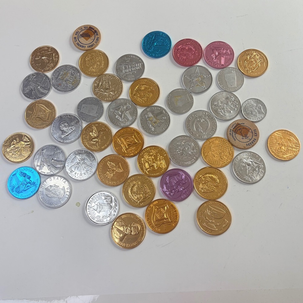 Vintage Mardi Gras Doubloons Lot New Orleans Carnival Tokens Aluminum Wood 40pc